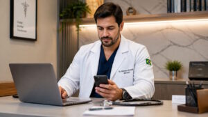 Médico em seu consultório com notebook aberto e celular à mão, para ilustrar como abrir CNPJ para médico