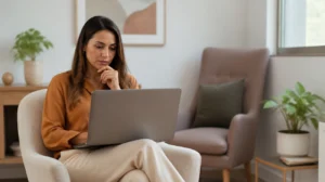 Psicóloga em seu consultório olhando para o notebook, analisando como abrir CNPJ para psicólogo