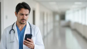 Médico com expressão de dúvida olhando para o celular perguntando se médico plantonista pode ser MEI