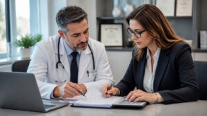 Imagem mostra médico analisando papéis junto com contadora, como se estudassem os efeitos da reforma tributária para médicos