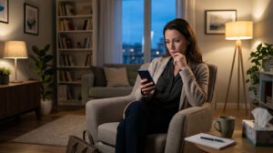 Imagem mostra psicóloga no seu consultório olhando no celular reflexiva querendo saber quanto psicólogo paga de imposto